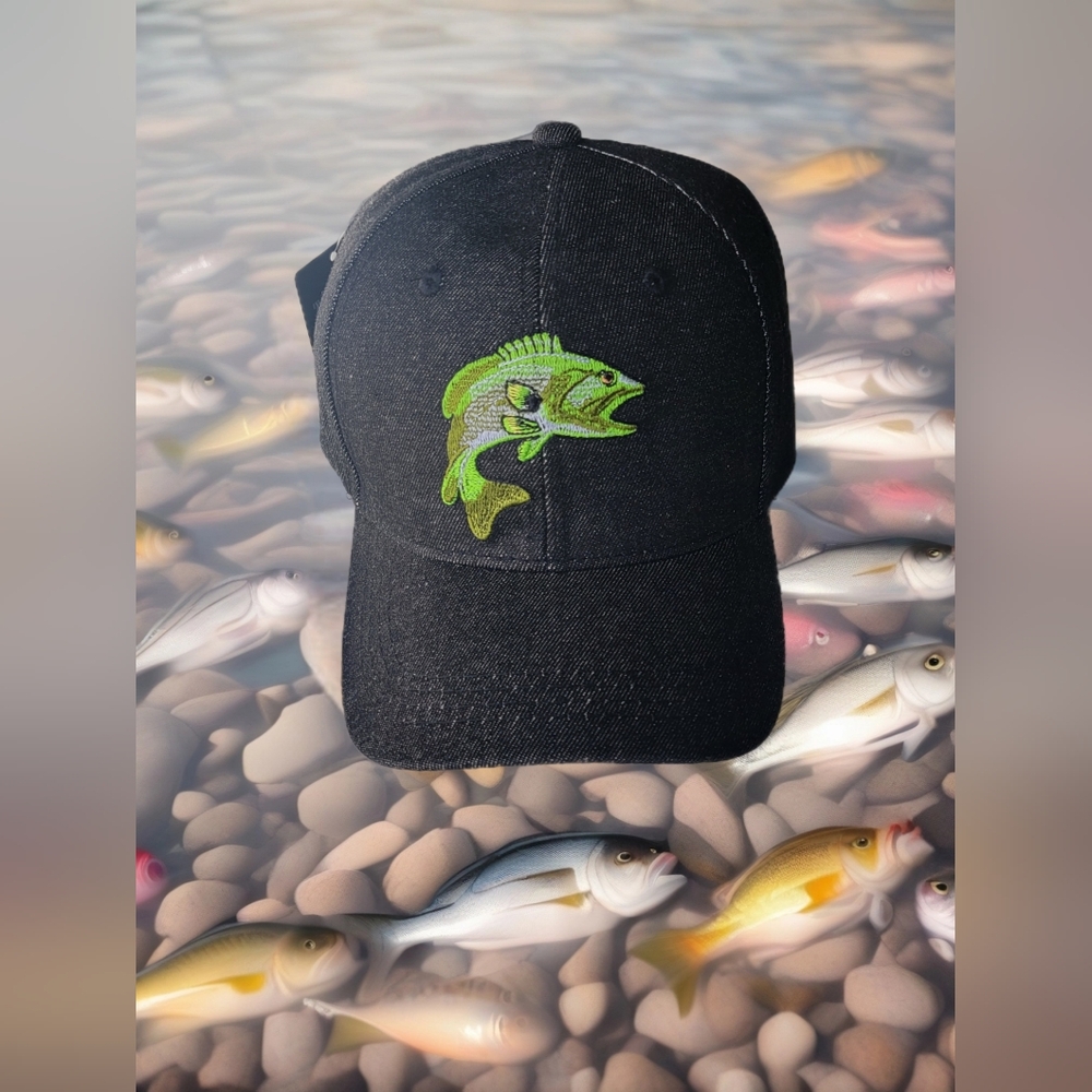 Top Level Black Denim Embroidery Bass Fish New With Tag